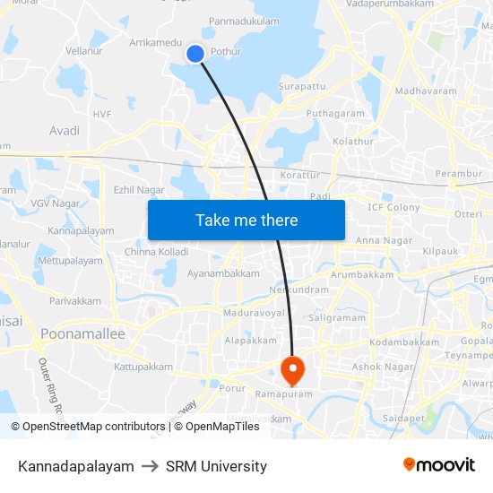 Kannadapalayam to SRM University map
