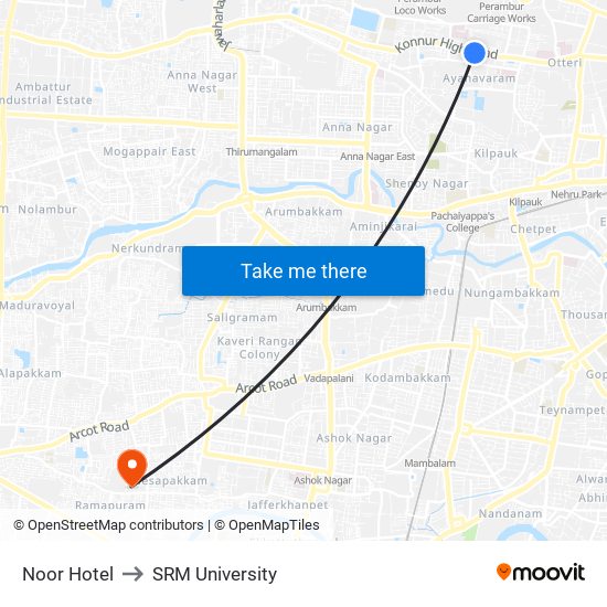Noor Hotel to SRM University map