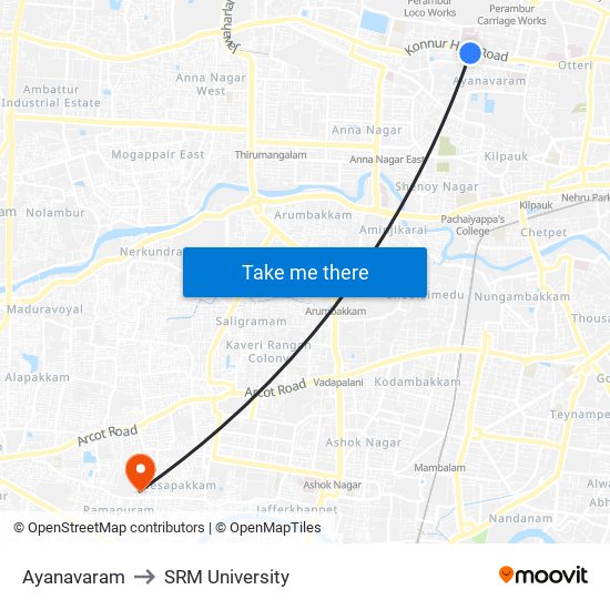 Ayanavaram to SRM University map