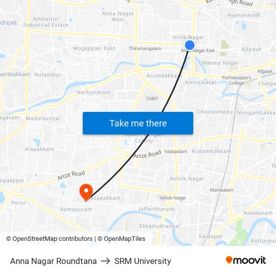 Anna Nagar Roundtana to SRM University map