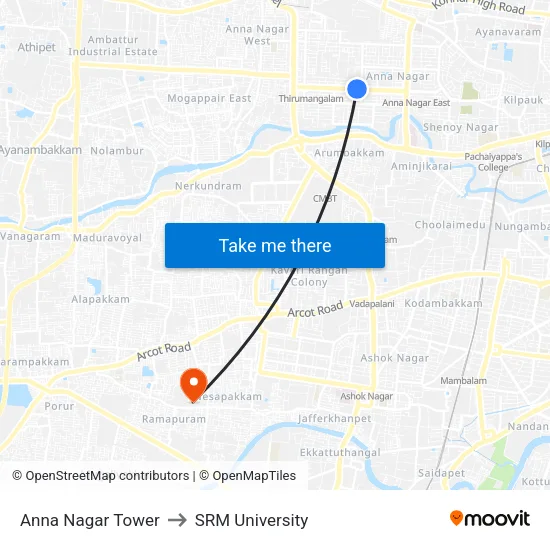 Anna Nagar Tower to SRM University map
