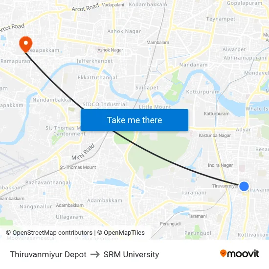 Thiruvanmiyur Depot to SRM University map