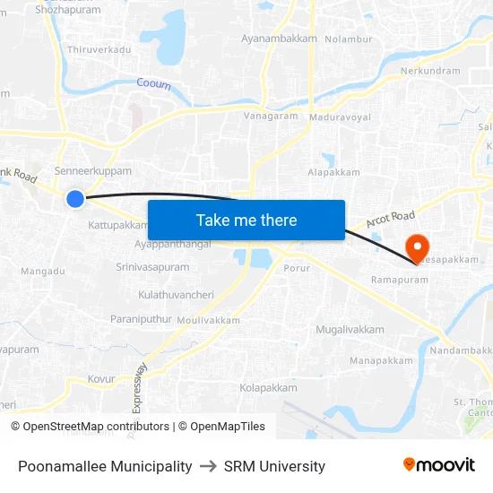 Poonamallee Municipality to SRM University map