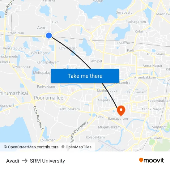 Avadi to SRM University map