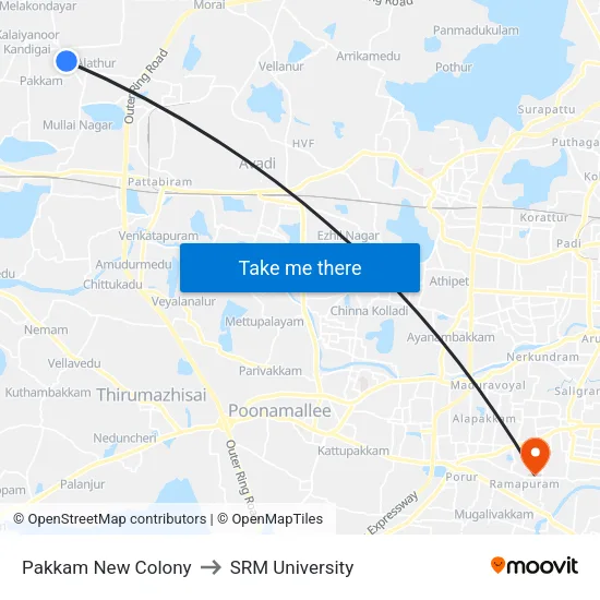 Pakkam New Colony to SRM University map