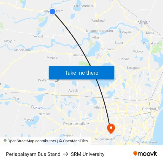 Periapalayam Bus Stand to SRM University map
