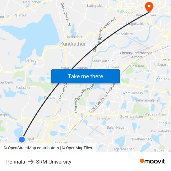 Pennala to SRM University map