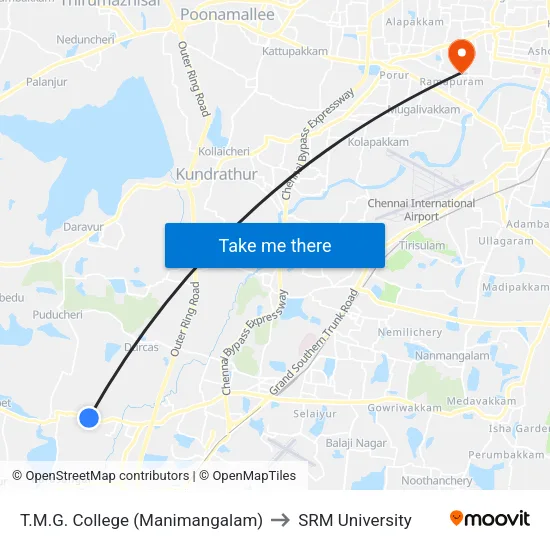 T.M.G. College (Manimangalam) to SRM University map