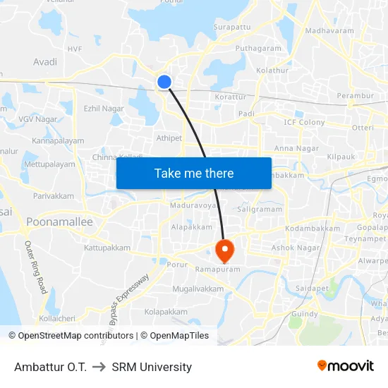 Ambattur O.T. to SRM University map