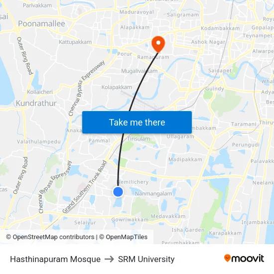 Hasthinapuram Mosque to SRM University map