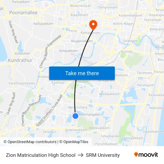 Zion Matriculation High School to SRM University map