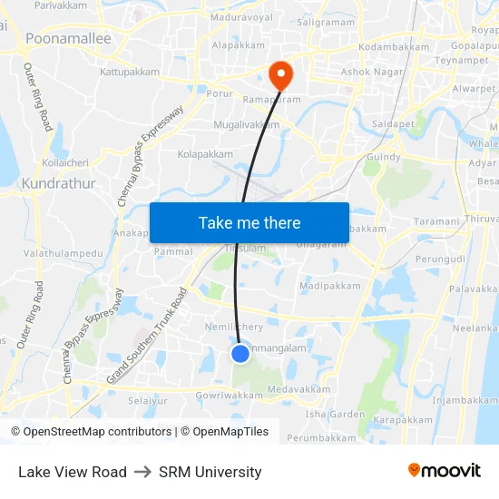 Lake View Road to SRM University map