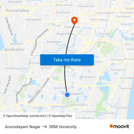 Arunodayam Nagar to SRM University map