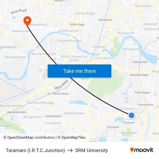 Taramani (I.R.T.C.Junction) to SRM University map