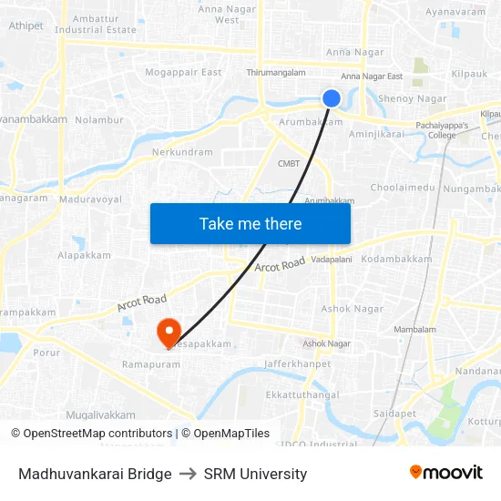 Madhuvankarai Bridge to SRM University map