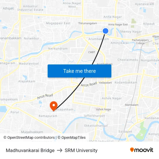 Madhuvankarai Bridge to SRM University map