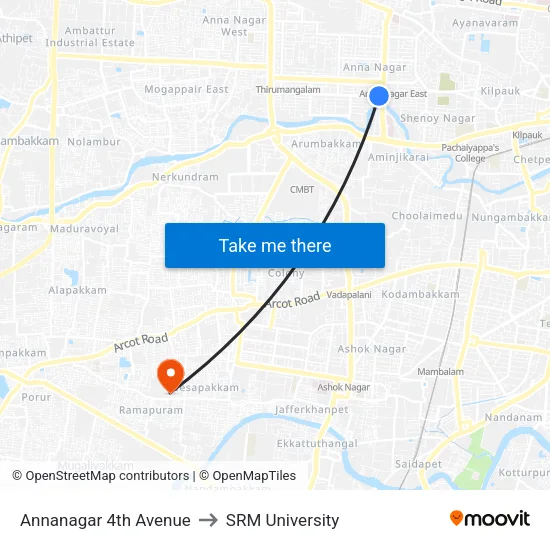 Annanagar 4th Avenue to SRM University map