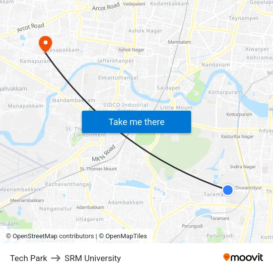 Tech Park to SRM University map