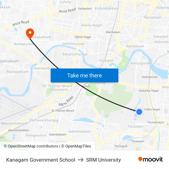 Kanagam Government School to SRM University map