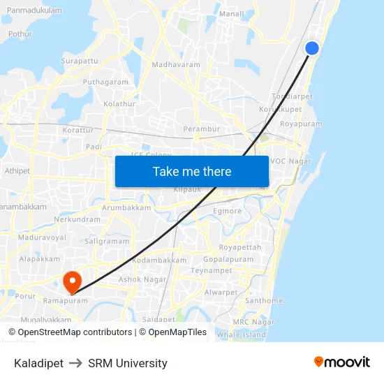 Kaladipet to SRM University map