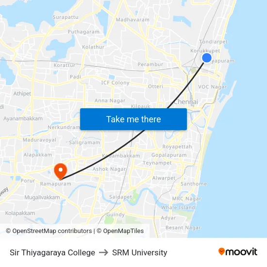 Sir Thiyagaraya College to SRM University map