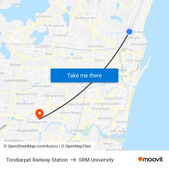 Tondiarpet Railway Station to SRM University map