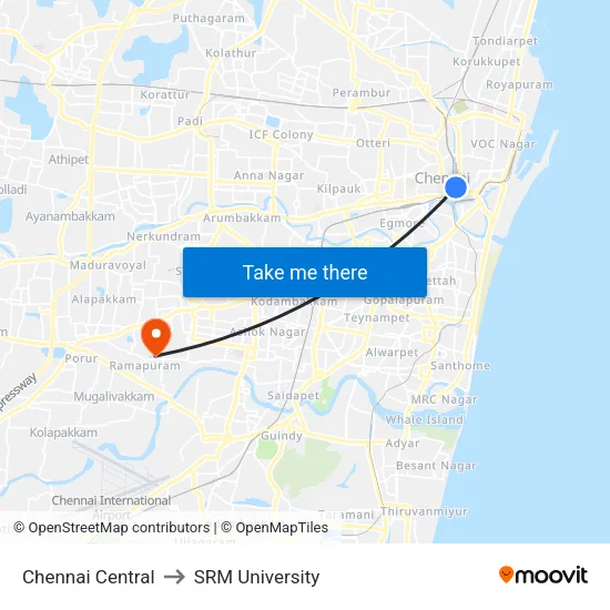 Chennai Central to SRM University map