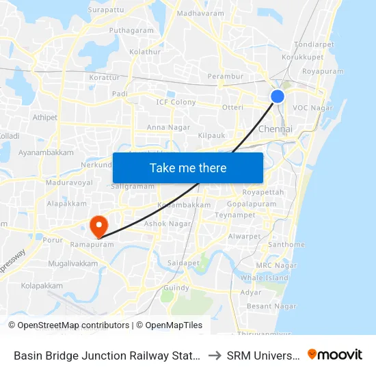 Basin Bridge Junction Railway Station to SRM University map