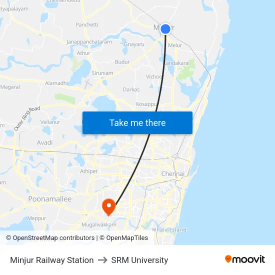 Minjur Railway Station to SRM University map