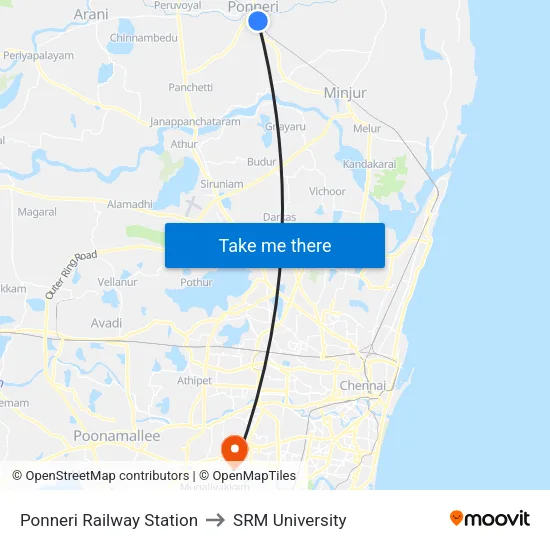 Ponneri Railway Station to SRM University map
