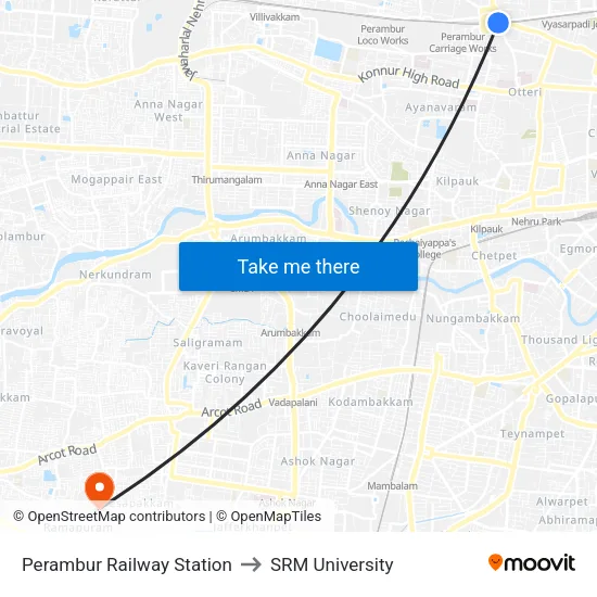 Perambur Railway Station to SRM University map