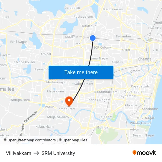 Villivakkam to SRM University map