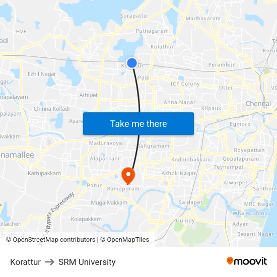 Korattur to SRM University map