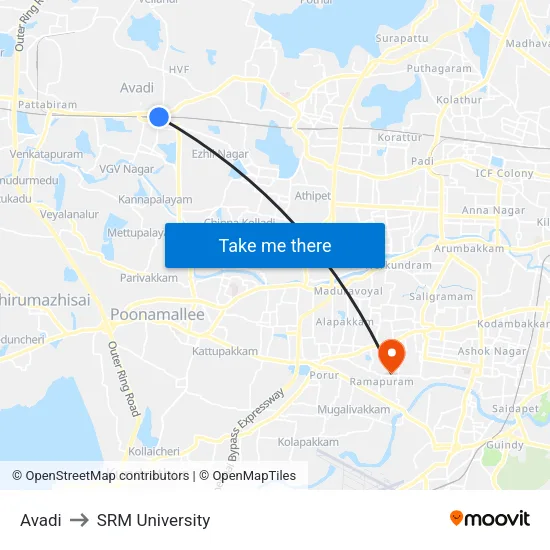 Avadi to SRM University map