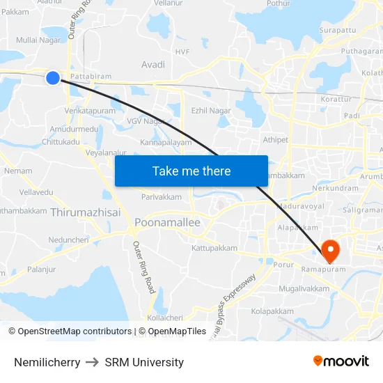 Nemilicherry to SRM University map