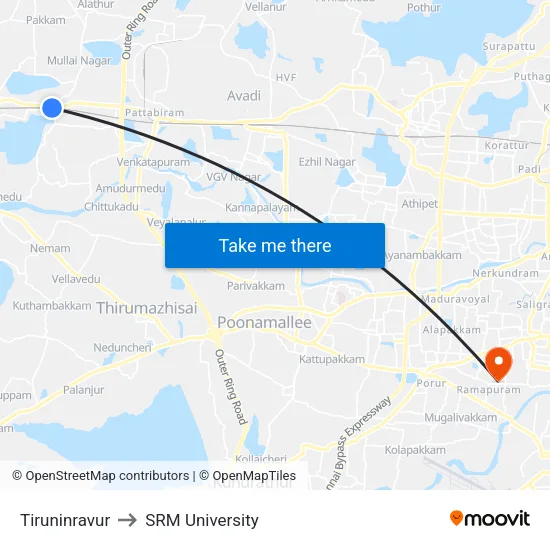 Tiruninravur to SRM University map
