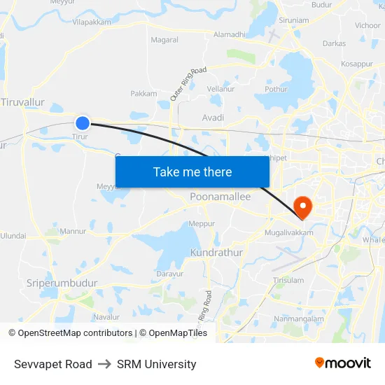 Sevvapet Road to SRM University map
