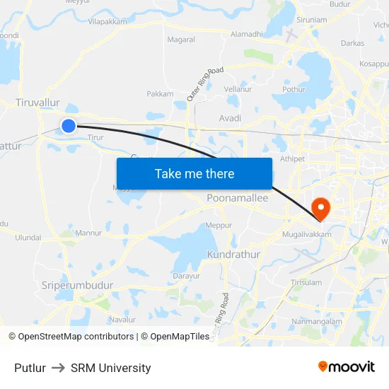 Putlur to SRM University map