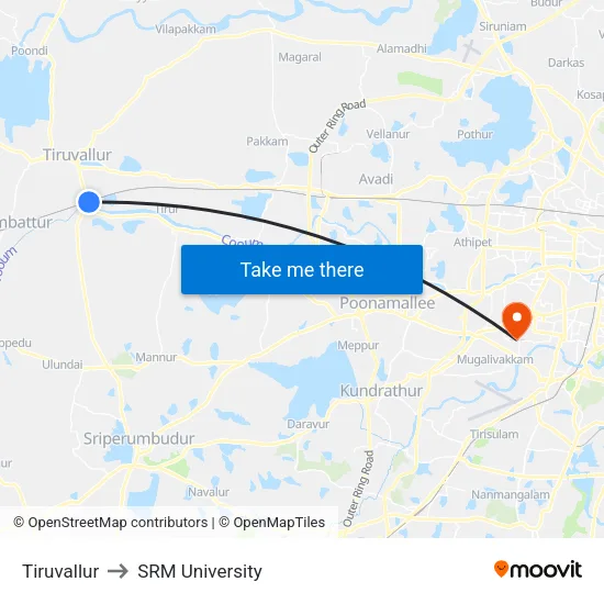 Tiruvallur to SRM University map