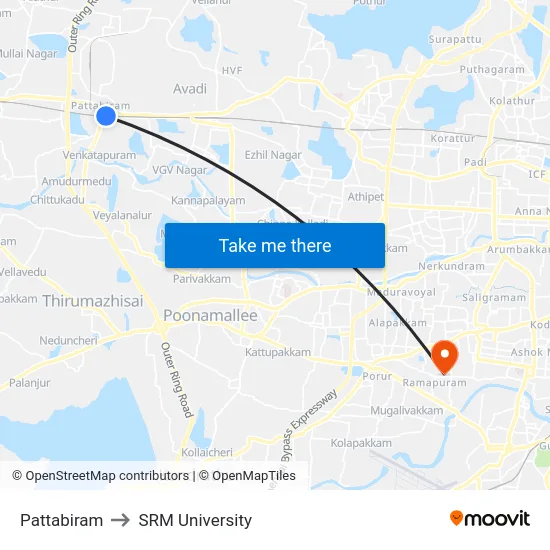 Pattabiram to SRM University map
