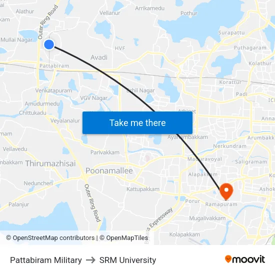 Pattabiram Military to SRM University map