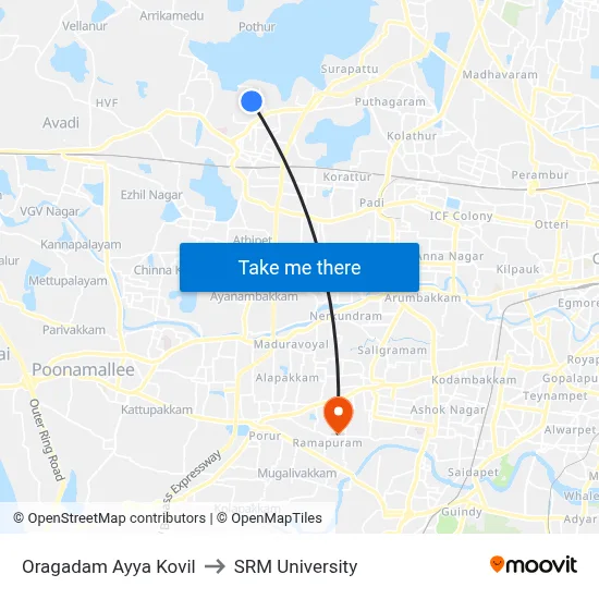 Oragadam Ayya Kovil to SRM University map