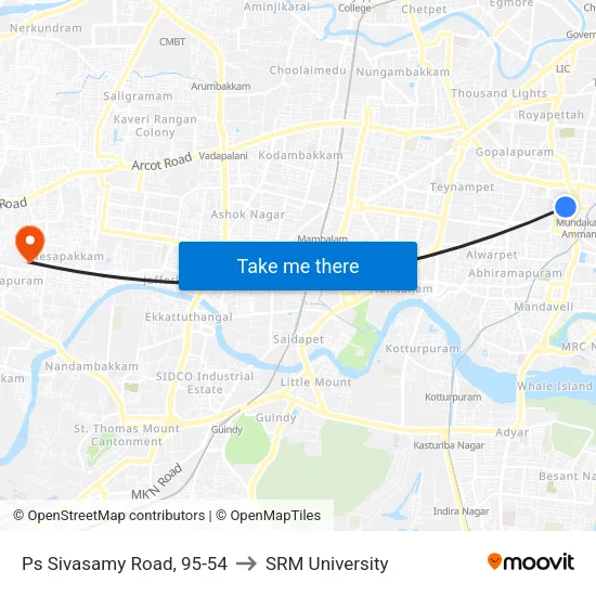 Ps Sivasamy Road, 95-54 to SRM University map