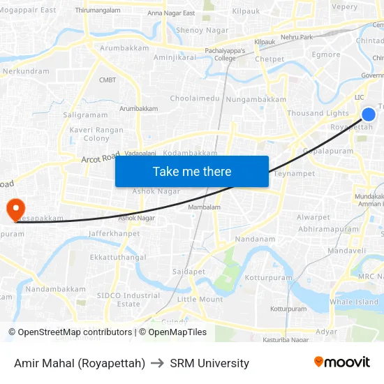 Amir Mahal (Royapettah) to SRM University map