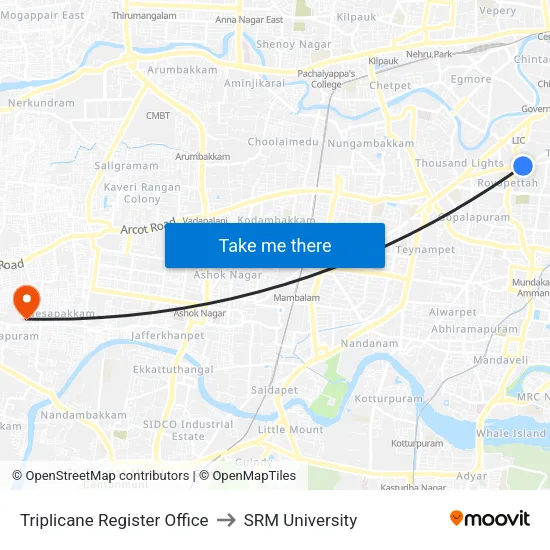 Triplicane Register Office to SRM University map