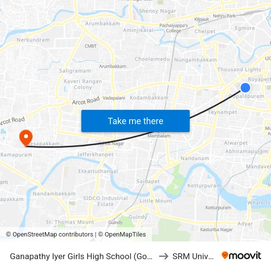 Ganapathy Iyer Girls High School (Gopalapuram) to SRM University map