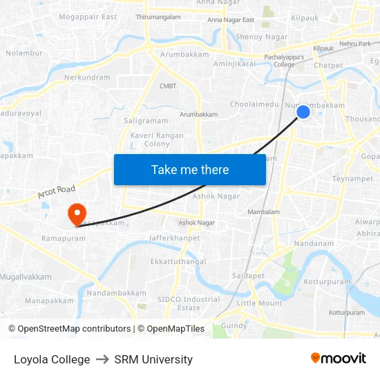 Loyola College to SRM University map