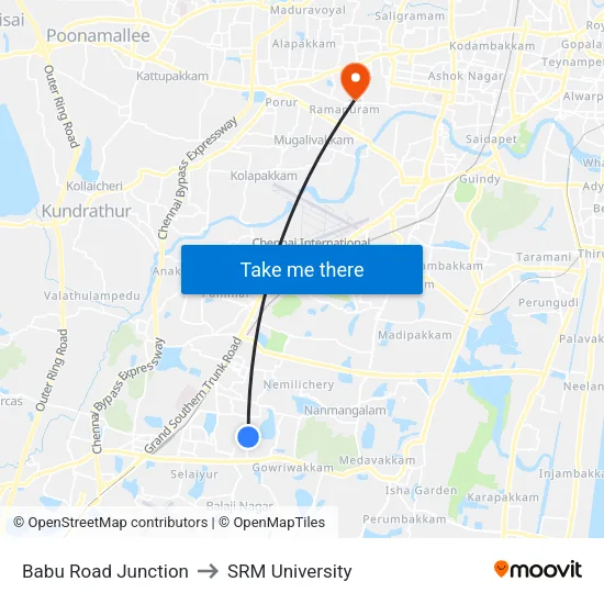 Babu Road Junction to SRM University map