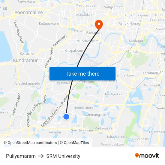 Puliyamaram to SRM University map