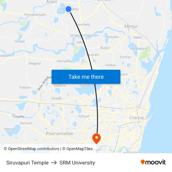 Siruvapuri Temple to SRM University map